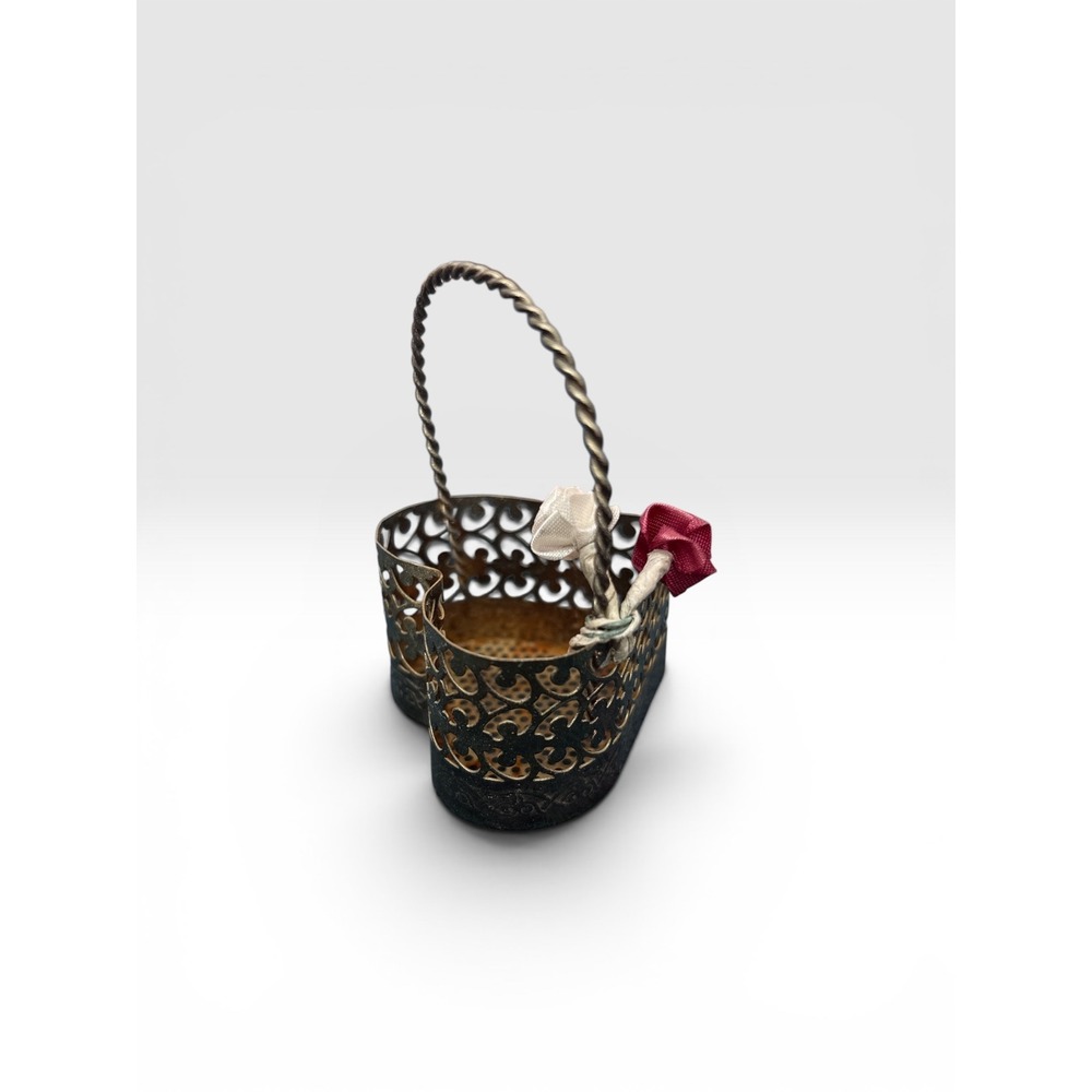 Vintage Miniature Heart Filigree Metal Basket Gold Tone Brass Trinket Holder